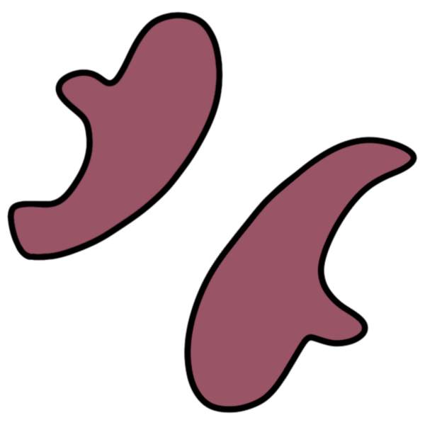 two magenta mitten shaped blobs angled towards the center. One is reaching up and one is reaching down.